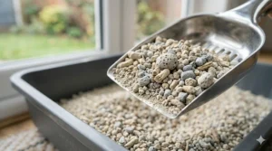 Close-up texture shot showing the absorbency of premium unscented cat litter granules held in a metal scoop.