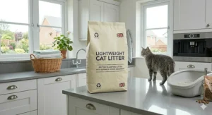 Recyclable packaging of eco-friendly lightweight cat litter sitting on a kitchen worktop.