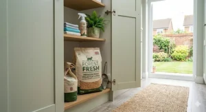 An organised utility room cupboard containing bags of Forest Fresh wood pellet cat litter and pet-safe cleaning supplies on wooden shelves.