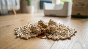 Close-up of tofu cat litter clumping instantly after contact with liquid, demonstrating high absorbency.