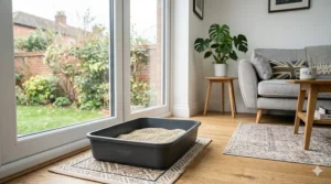 A minimalist, practical cat litter tray setup featuring unscented, odour-control litter in a bright home interior.