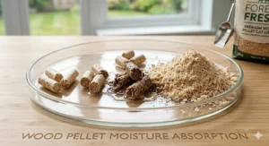 A macro comparison photo in a petri dish illustrating the process of wood pellet moisture absorption, from whole pellets to wet pulp, and finally dry sawdust.
