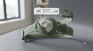 Fully adjustable Apple AirTag cat collar displaying sizing options for small kittens and large adult cats.