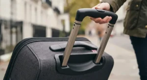 Hand holding the adjustable telescopic handle of the rolling cat carrier.