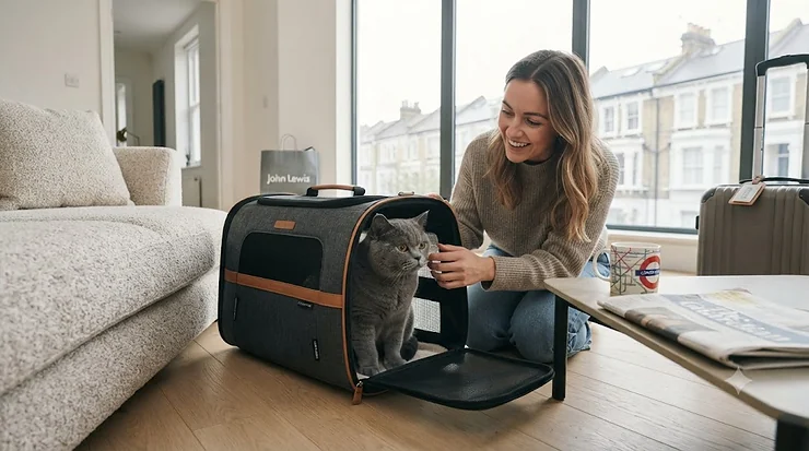 A woman smiles while interacting with a cat inside a stylish, grey airline approved cat carrier placed on a wooden floor. airline approved cat carrier