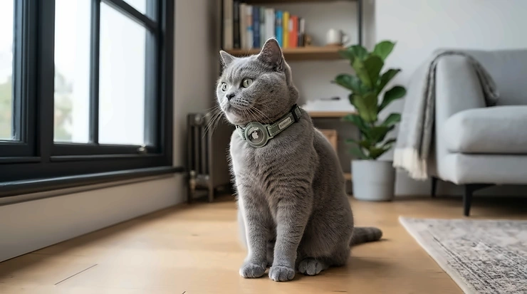 A ginger tabby cat wearing a secure Apple AirTag cat collar indoors in a UK home. Apple AirTag cat collar