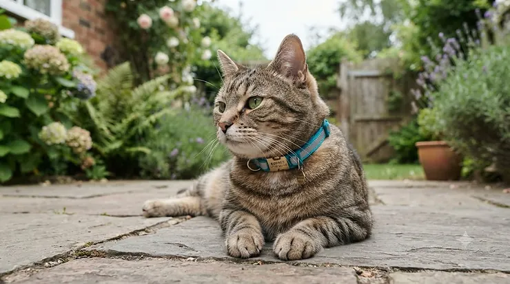 A tabby cat wearing a safe breakaway collar with a reflective strip, resting on a stone patio in a British garden setting. are breakaway collars safe for cats
