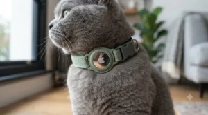 Close-up of the safety breakaway buckle on an Apple AirTag cat collar designed for feline safety.