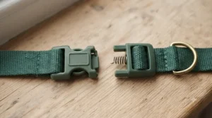 The breakaway safety buckle mechanism shown in the open position.
