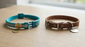 A studio shot comparing a blue breakaway cat collar with a buckle to a standard, non-breakaway brown leather collar.