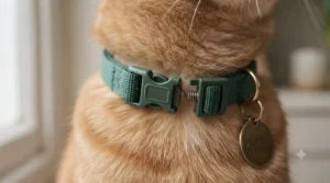 Close-up of a green quick-release safety breakaway buckle on a cat collar.