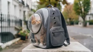 A grey bubble cat backpack positioned on a stone step, showing its scale and design.