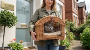 A pet owner, wearing a casual jacket, carries the wicker cat carrier with the British Shorthair cat inside towards the entrance of a local 'City Vets' clinic.
