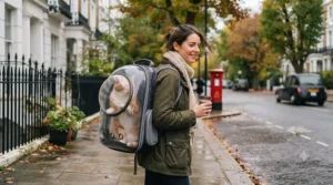A woman walking her ginger cat in a bubble backpack on a leafy London street.
