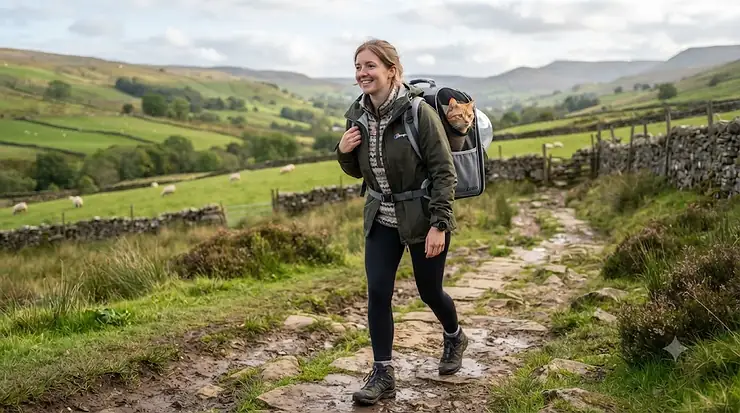 A ginger tabby cat sitting comfortably inside a transparent, ventilated cat backpack carrier while a person hikes a scenic, green British countryside trail. cat backpack carrier