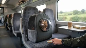 A calm cat resting inside a backpack carrier placed on a seat during a train journey through the British countryside.