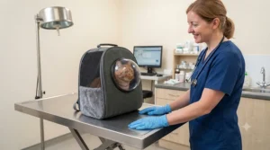 A veterinary professional smiling at a cat sitting safely inside its backpack carrier on a stainless steel examination table at a vet surgery.