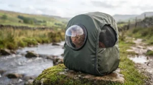 A sturdy cat backpack carrier protected by a waterproof rain cover, resting on a mossy rock beside a stream during a damp day in the UK.