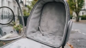 Spacious interior of a bubble cat backpack with a soft, removable base liner and safety clip.