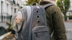 Side view showing the breathable mesh panels for airflow on the cat bubble backpack.
