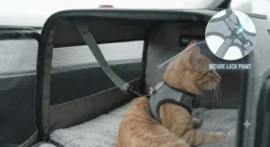 Details of the internal safety clip and harness attachment inside the cat car seat carrier for added pet security.
