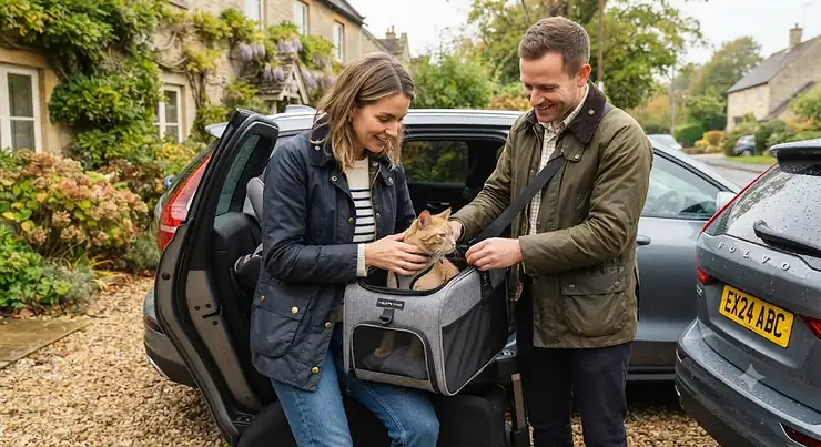 A high-quality cat car seat carrier secured safely on a car seat, providing comfort and protection for a pet during a journey. cat car seat carrier