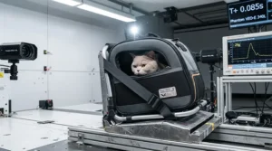 A crash tested cat carrier undergoing a professional safety impact test in a laboratory setting with data monitors.