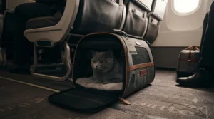 Detailed view of the plush, soft interior lining and cushioned base inside an airline approved cat carrier.