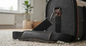 Close-up of the comfortable, adjustable padded shoulder strap on the expandable carrier for easy carrying.