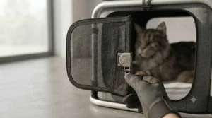 A gloved hand operating the quick-release secure door lock on a high-quality crash tested cat carrier.