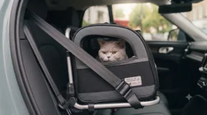 Demonstrating the secure fit of a crash tested cat carrier in a car seat, highlighting the robust strap system.
