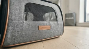 Close-up of high-quality, water-resistant fabric on a cat carrier with droplets beading on the surface.