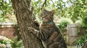 An adventurous cat wearing a secure breakaway collar whilst climbing a tree in a garden.
