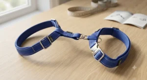 Close-up of a lightweight H-harness showing adjustable straps and secure clips for feline safety.