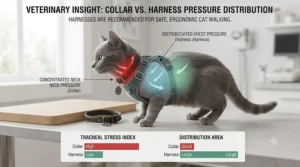 Infographic comparing the pressure distribution of a safe cat walking harness versus a traditional neck collar.
