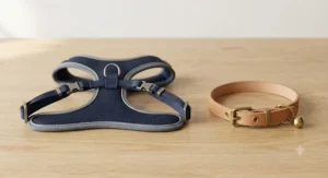A close-up studio photograph comparing a secure navy blue mesh cat harness (left) and a traditional tan leather collar with a bell (right), illustrating why harnesses are safer for lead training.