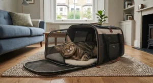 A cat relaxing inside the expanded section of the carrier, highlighting the soft padding and extra floor space.