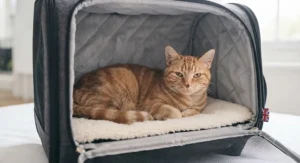 An ginger cat resting comfortably inside the open rolling cat carrier.