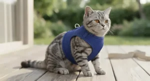 A tabby cat wearing a breathable mesh vest harness that distributes pressure evenly across the chest.