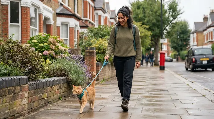 A sleek British Shorthair cat wearing a secure red cat walking harness and lead in a suburban back garden, designed for safe outdoor exercise. cat walking harness