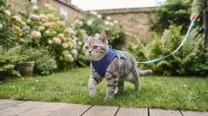 A British shorthair cat safely exploring a lawn on a lead attached to a secure vest harness.
