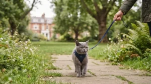 An owner gently walking their cat on a lightweight lead attached to an escape proof cat harness on a grassy path.