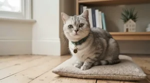 A British shorthair cat sitting comfortably while wearing a green breakaway collar.