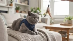 A tabby cat relaxing indoors while wearing an escape proof harness to get used to the feel before going outside.