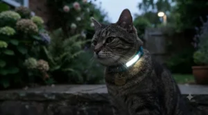 A cat at dusk wearing a high-visibility, reflective breakaway collar in a garden.