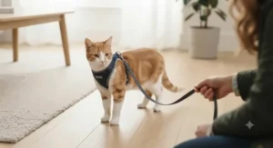 A close-up view showing an owner's index finger inserted between the neck strap of the navy blue harness and the cat's fur, demonstrating how to check for a safe, comfortable fit.