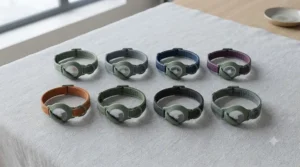 Flat lay of various colour choices available in our range of Apple AirTag cat collars.
