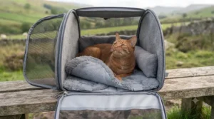 The interior of an open cat backpack carrier, highlighting the soft, removable, and washable fleece padding that provides comfort for the cat.
