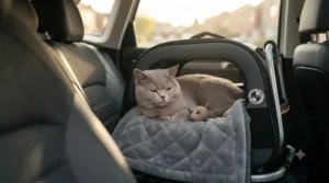 A cat relaxing comfortably inside a padded crash tested cat carrier while travelling in the back seat of a car.