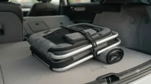 A crash tested cat carrier folded down into a compact position, showing the space-saving storage design in a car boot.